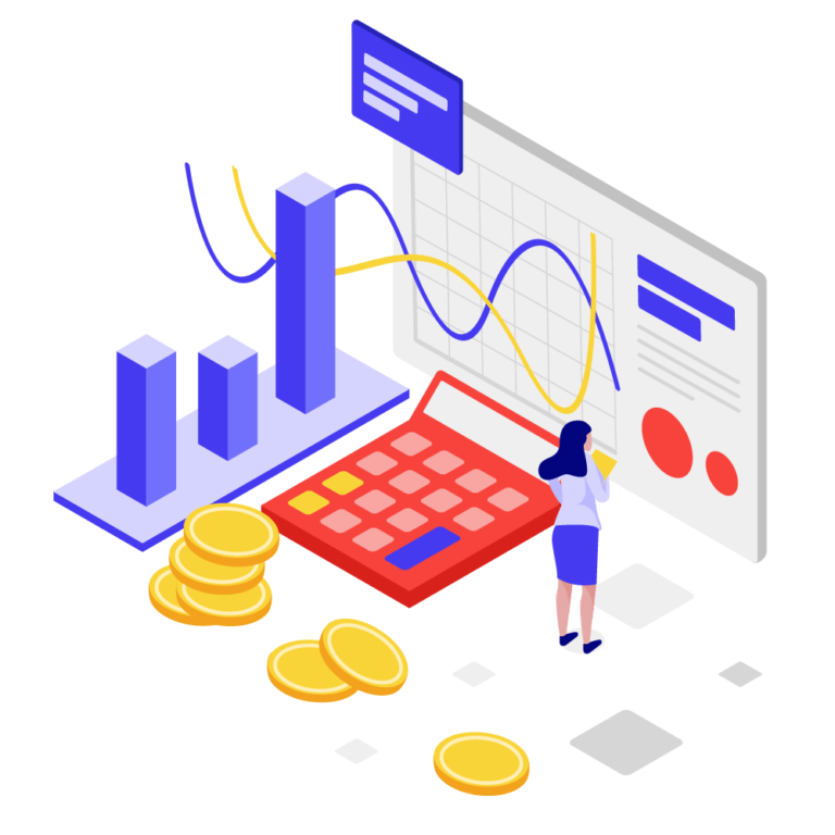 Graphic with graphs, calculators, charts, and a person