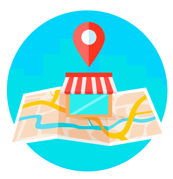 Graphic of location pin, a shop, and a map