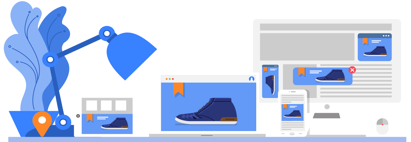 Graphic showing shoes on different devices